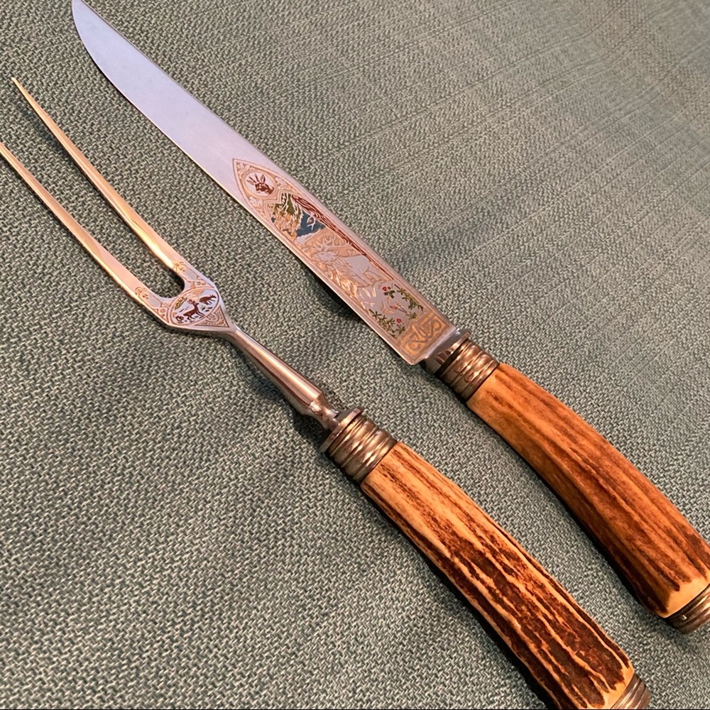 Vintage 1950’s Kuno Ritter Solingen Carving Set W/Etched Blades/Nature Scene